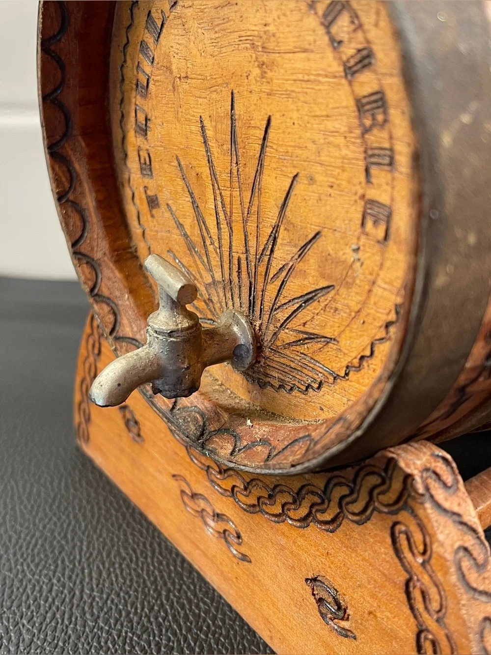 Old Miniature Wooden Tequila Barrel With Spout and Stand